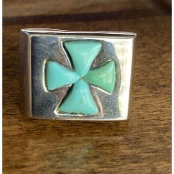 Maltese Cross Turquoise Ring Sterling Silver (not polished) Pre-owned Size 5 - Picture 4 of 6